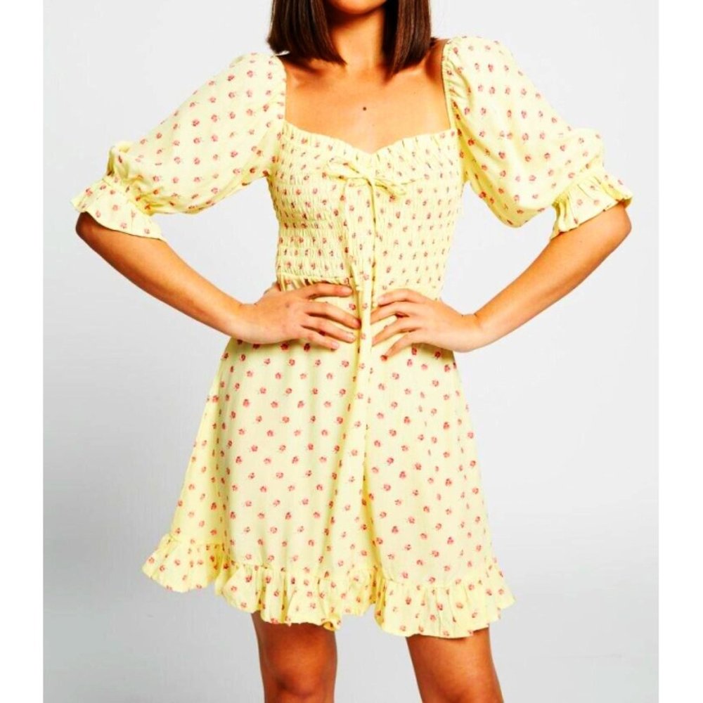 NEW Faithfull Sage Mini Dress Santa Maria Floral Puff Sleeve Fit & Flare Skater